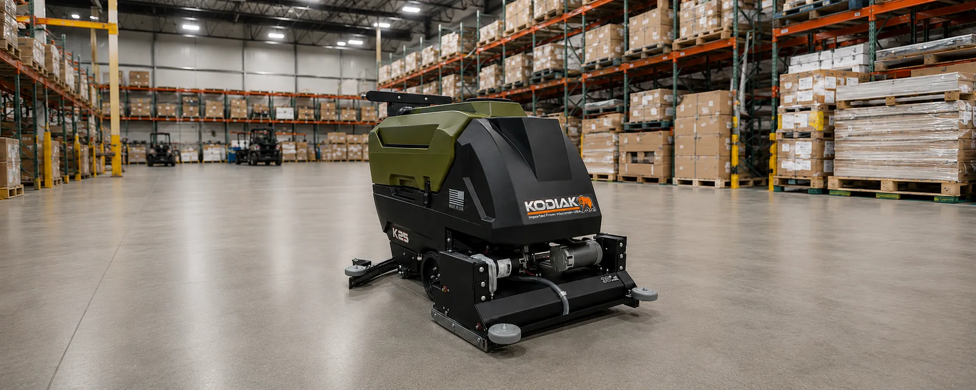 Kodiak walk-behind floor scrubber in a warehouse, part of the Advance Cleaning Equipment rental fleet